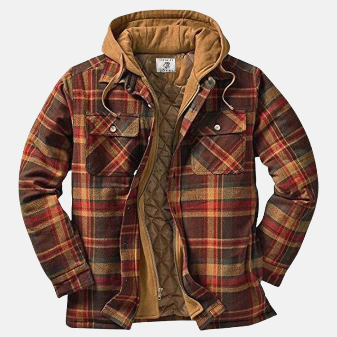 Men's Hooded Flannel Jacket – Quilted Lined Plaid Shacket in Brown