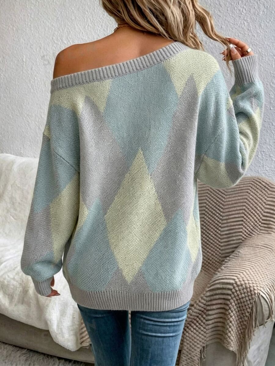 Off Shoulder Sweater Long Sleeve Pullover - Light Blue and Cream - photo 2