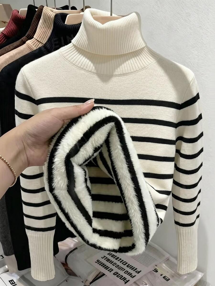 Fleece Lined Turtleneck Sweater Rib Knit Long Sleeve - White and Black - photo 7
