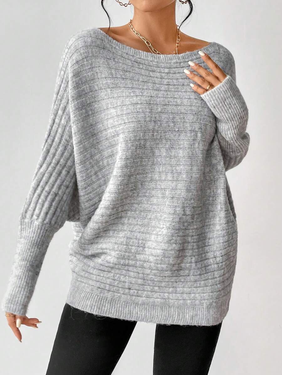 Boat Neck Batwing Sleeve Sweater - Light Gray