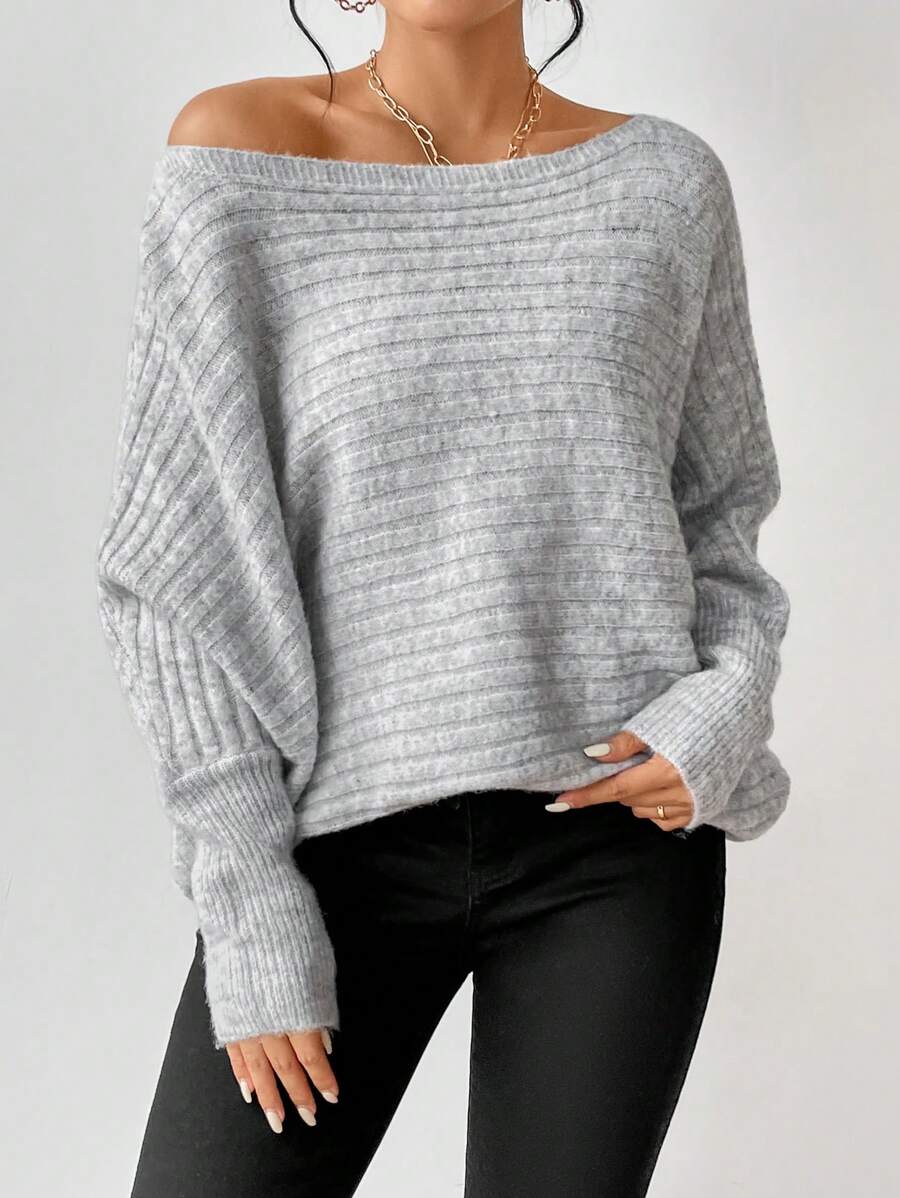 Boat Neck Batwing Sleeve Sweater - Light Gray - photo 3