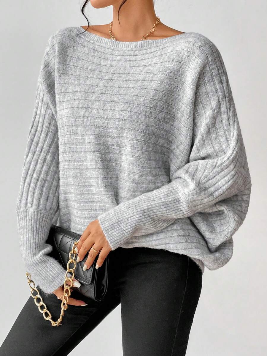 Boat Neck Batwing Sleeve Sweater - Light Gray - photo 4