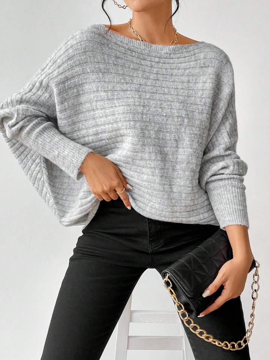 Boat Neck Batwing Sleeve Sweater - Light Gray - photo 5