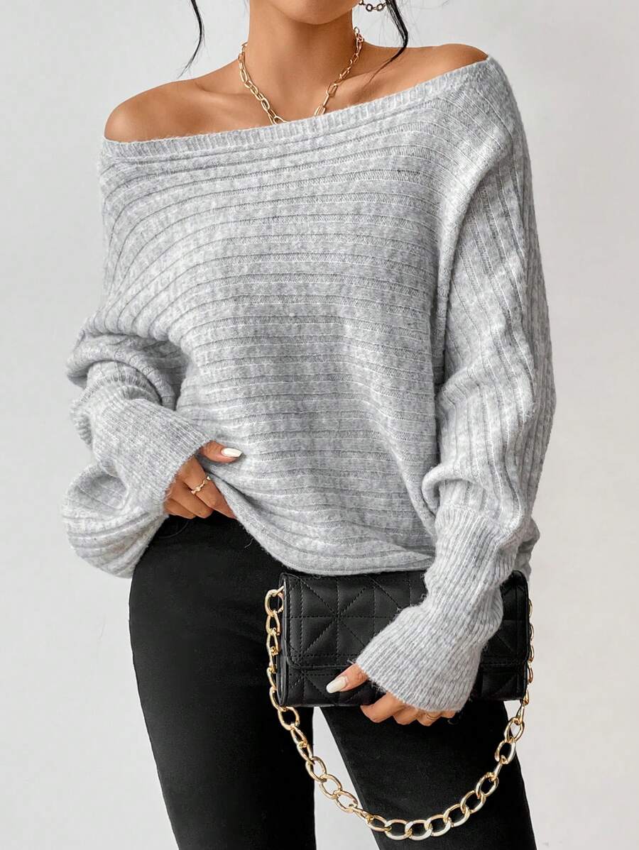 Boat Neck Batwing Sleeve Sweater - Light Gray - photo 6