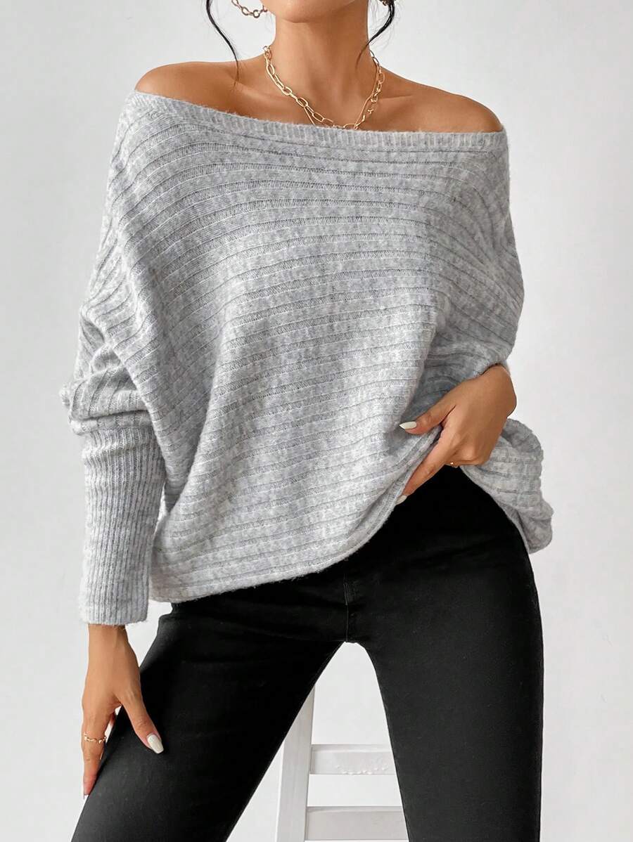 Boat Neck Batwing Sleeve Sweater - Light Gray - photo 7