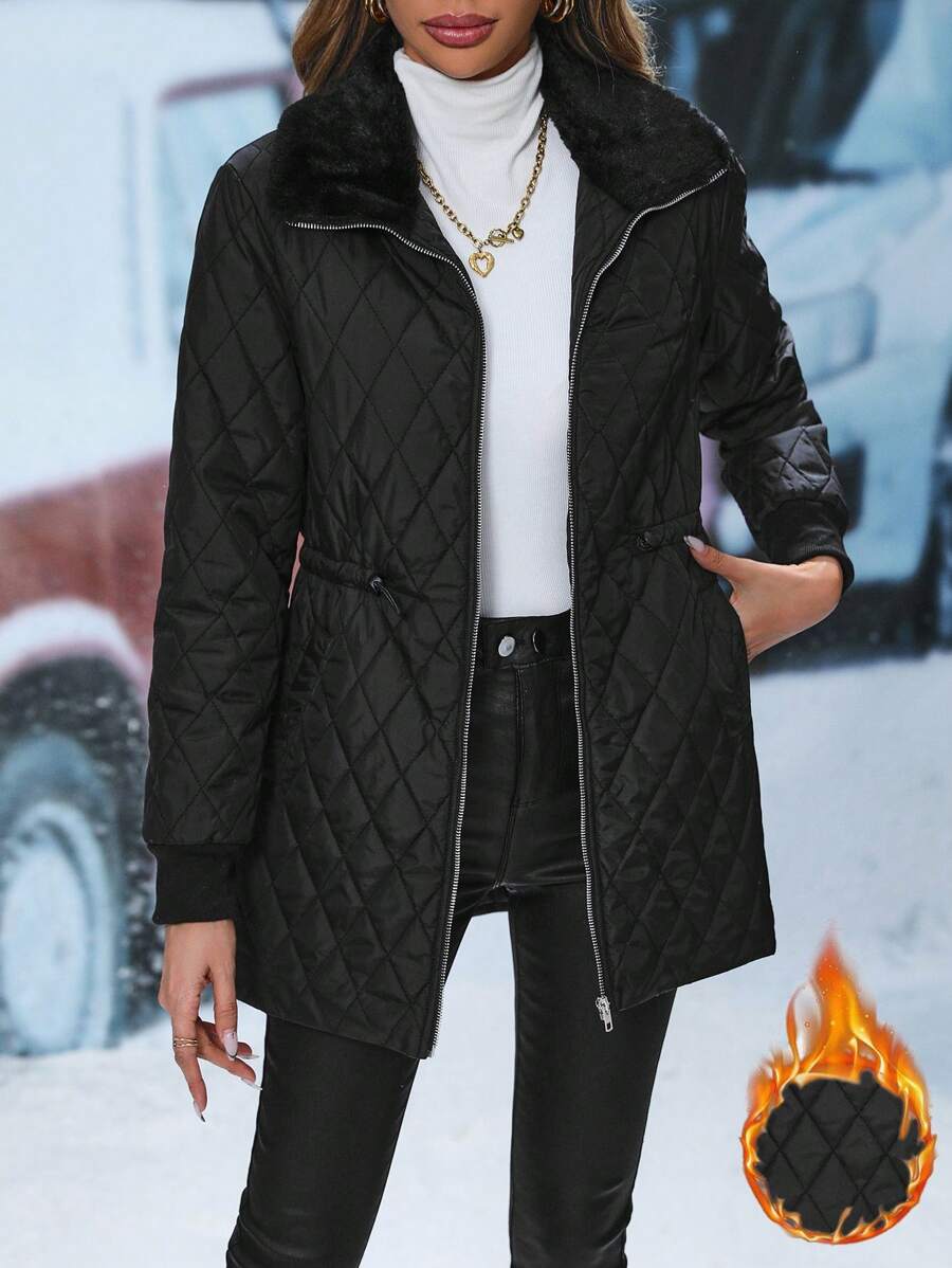 Black Quilted Padded Coat With Collar And Drawstring Waist - Black