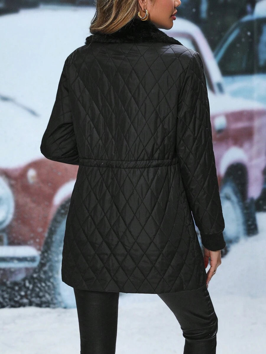 Black Quilted Padded Coat With Collar And Drawstring Waist - Black - photo 2