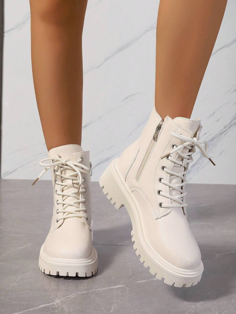 Women's Combat Boots Lace Up Ankle Boots Side Zipper - White - photo 4