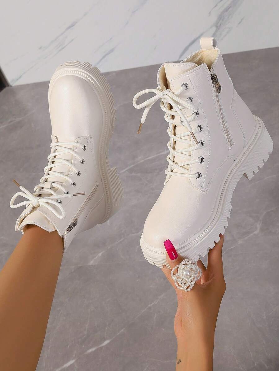 Women's Combat Boots Lace Up Ankle Boots Side Zipper - White