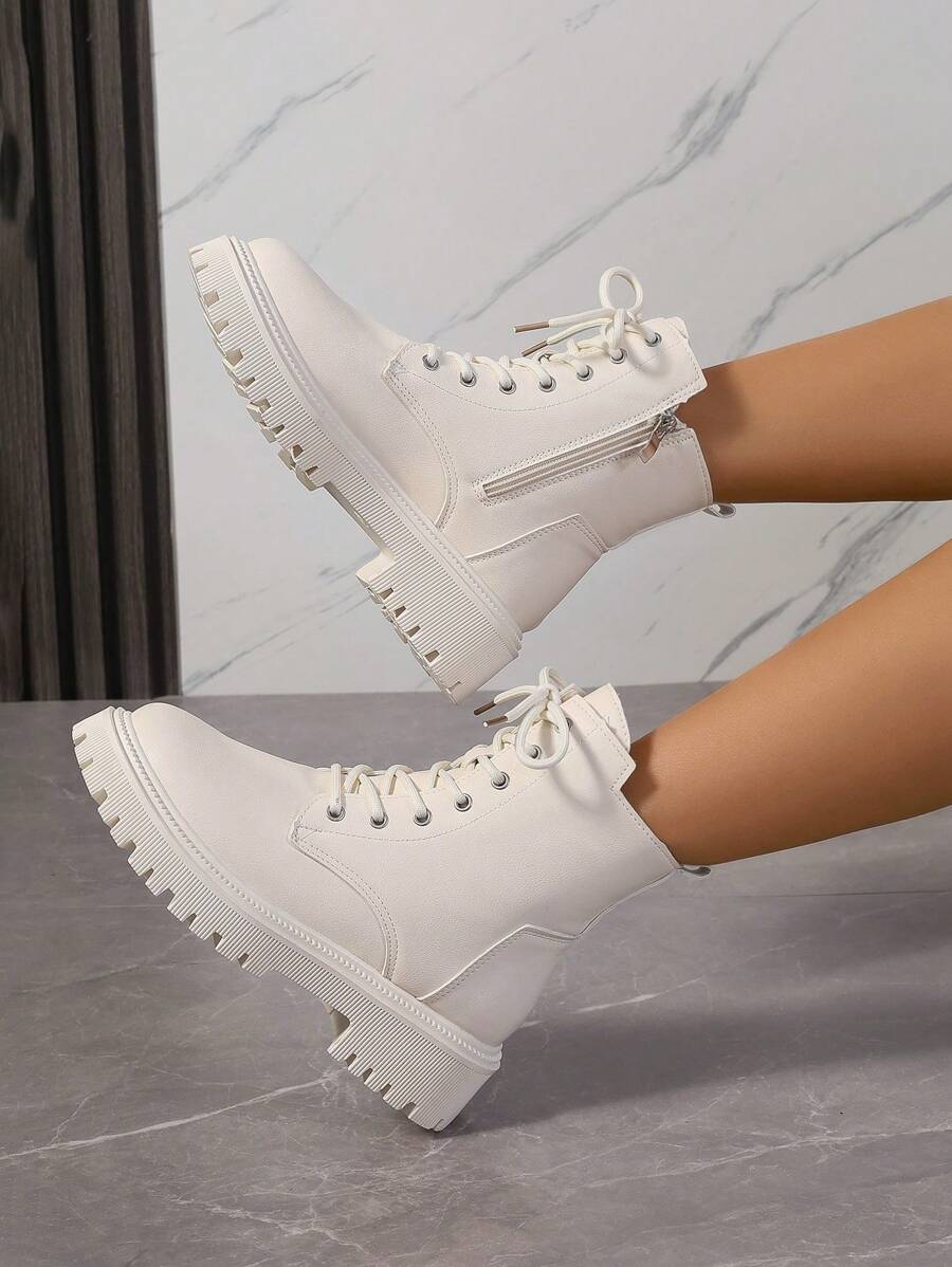 Women's Combat Boots Lace Up Ankle Boots Side Zipper - White - photo 3