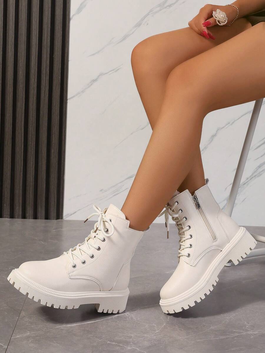 Women's Combat Boots Lace Up Ankle Boots Side Zipper - White - photo 6