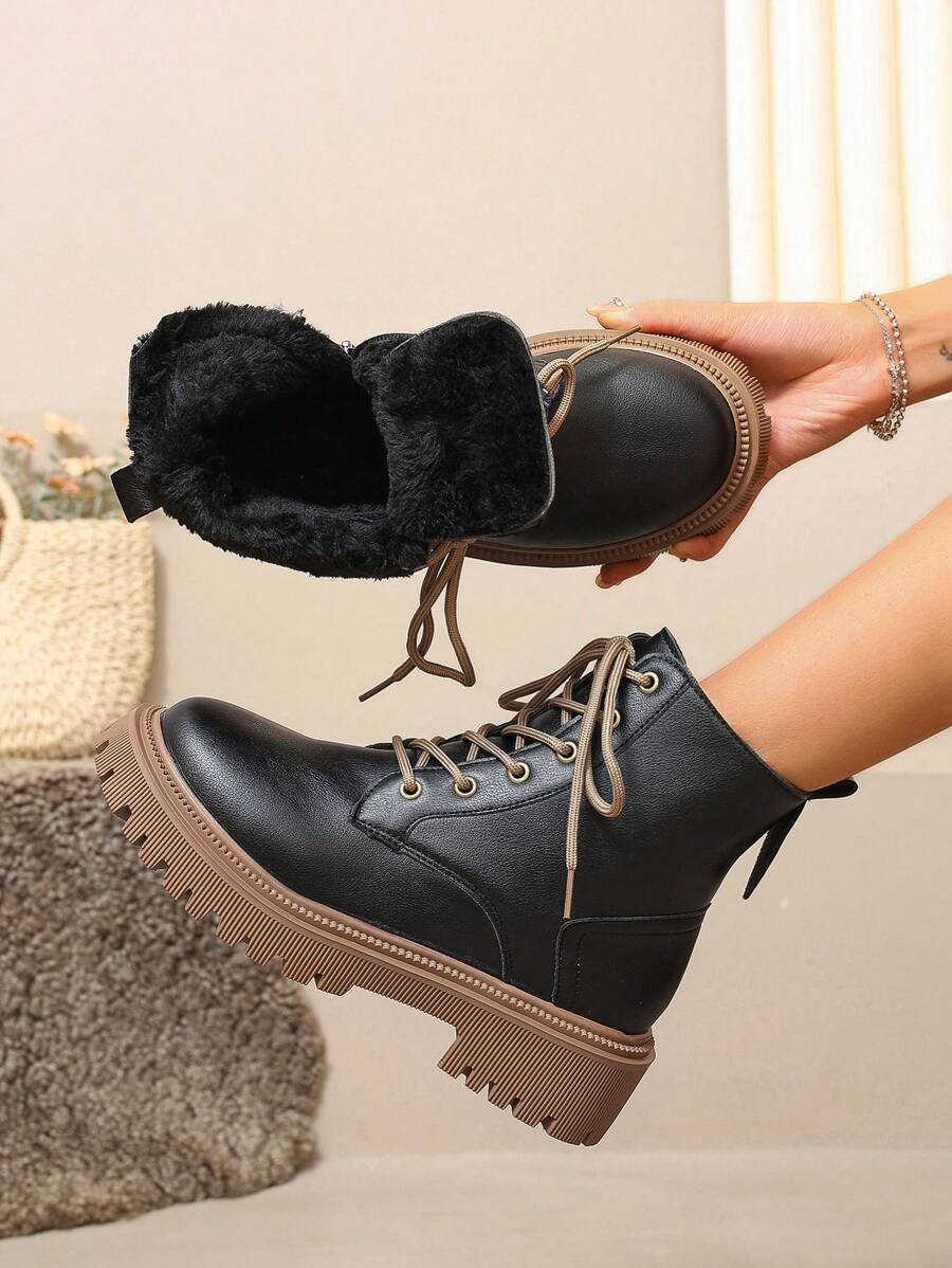 Women's Combat Boots Lace Up Ankle Boots Side Zipper - Black - photo 2