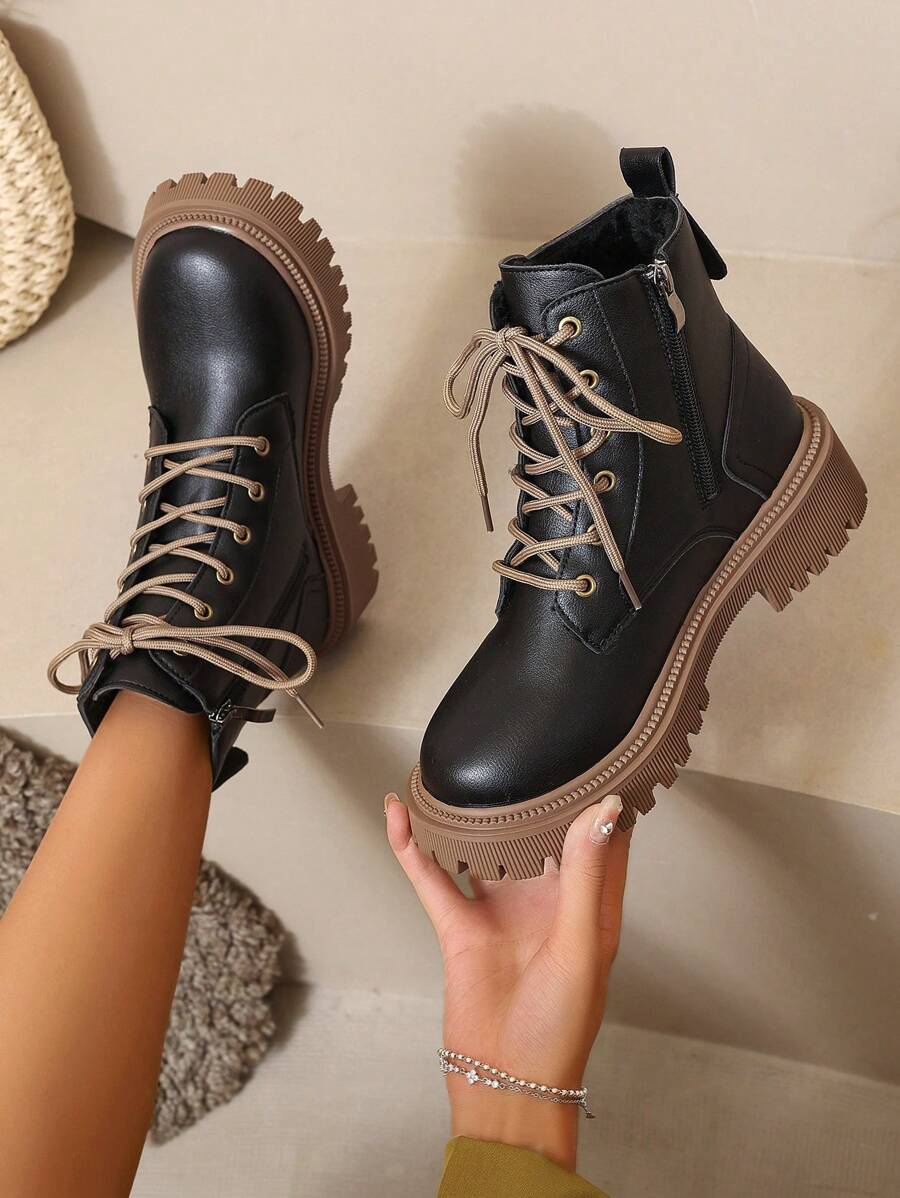 Women's Combat Boots Lace Up Ankle Boots Side Zipper - Black