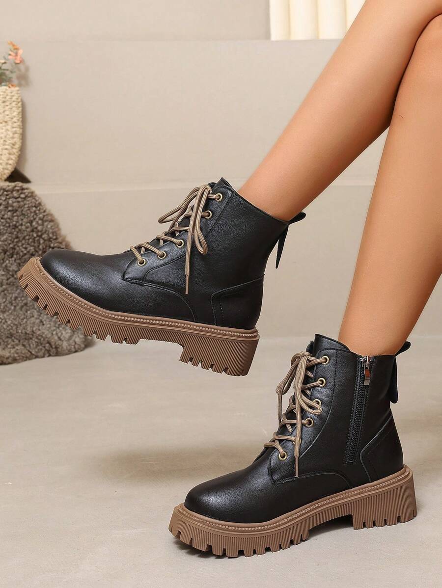 Women's Combat Boots Lace Up Ankle Boots Side Zipper - Black - photo 3