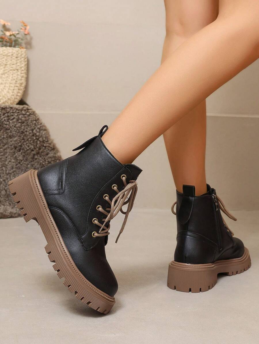 Women's Combat Boots Lace Up Ankle Boots Side Zipper - Black - photo 5