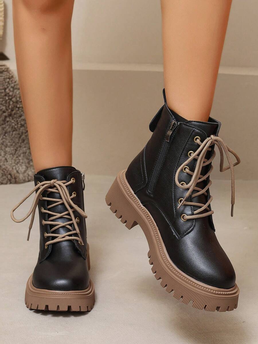 Women's Combat Boots Lace Up Ankle Boots Side Zipper - Black - photo 4
