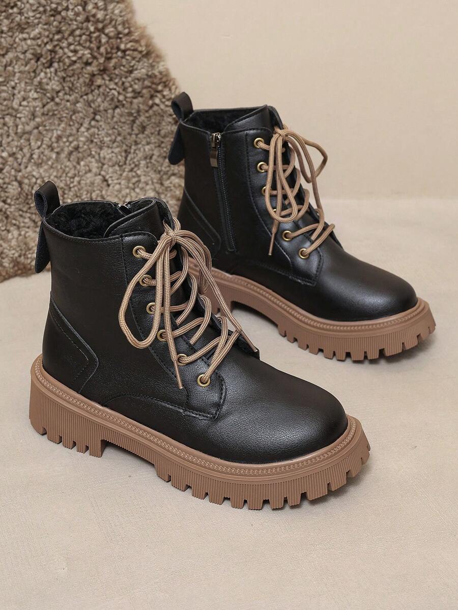 Women's Combat Boots Lace Up Ankle Boots Side Zipper - Black - photo 6