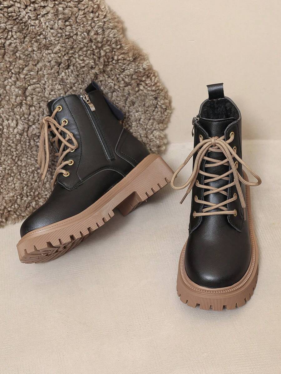 Women's Combat Boots Lace Up Ankle Boots Side Zipper - Black - photo 7