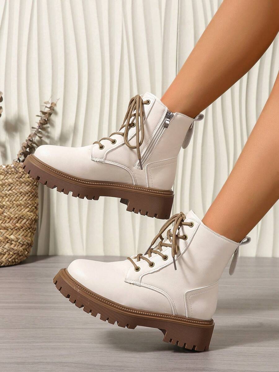 Women's Combat Boots Lace Up Ankle Boots Side Zipper - White 3 - photo 7