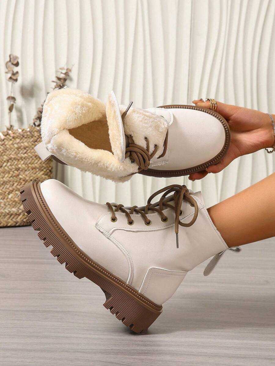 Women's Combat Boots Lace Up Ankle Boots Side Zipper - White 3 - photo 2