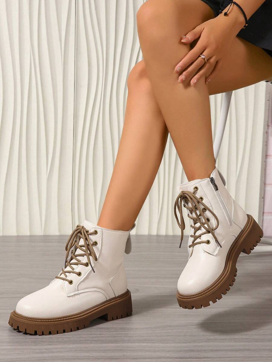 Women's Combat Boots Lace Up Ankle Boots Side Zipper - White 3 - photo 4