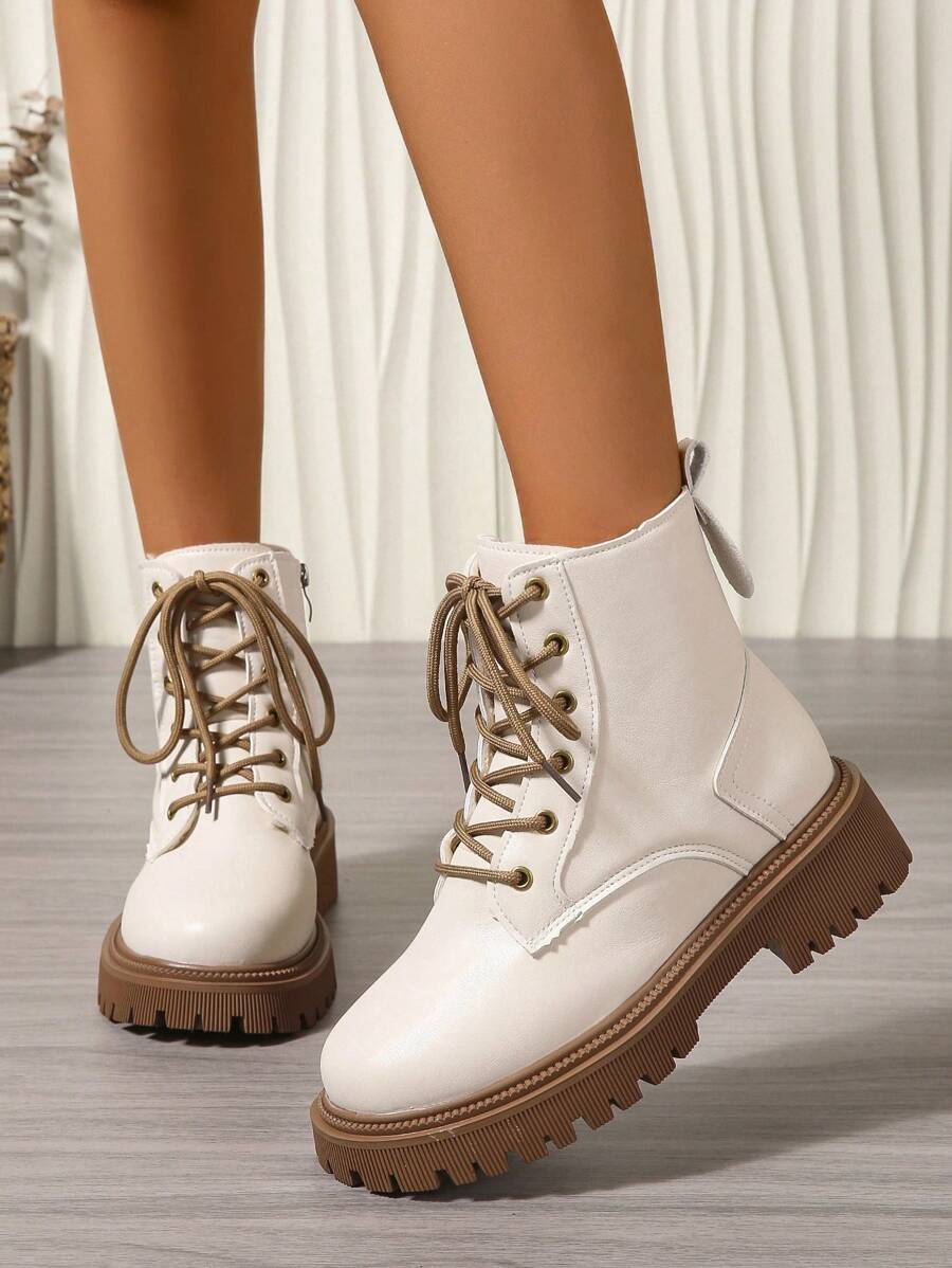 Women's Combat Boots Lace Up Ankle Boots Side Zipper - White 3 - photo 5