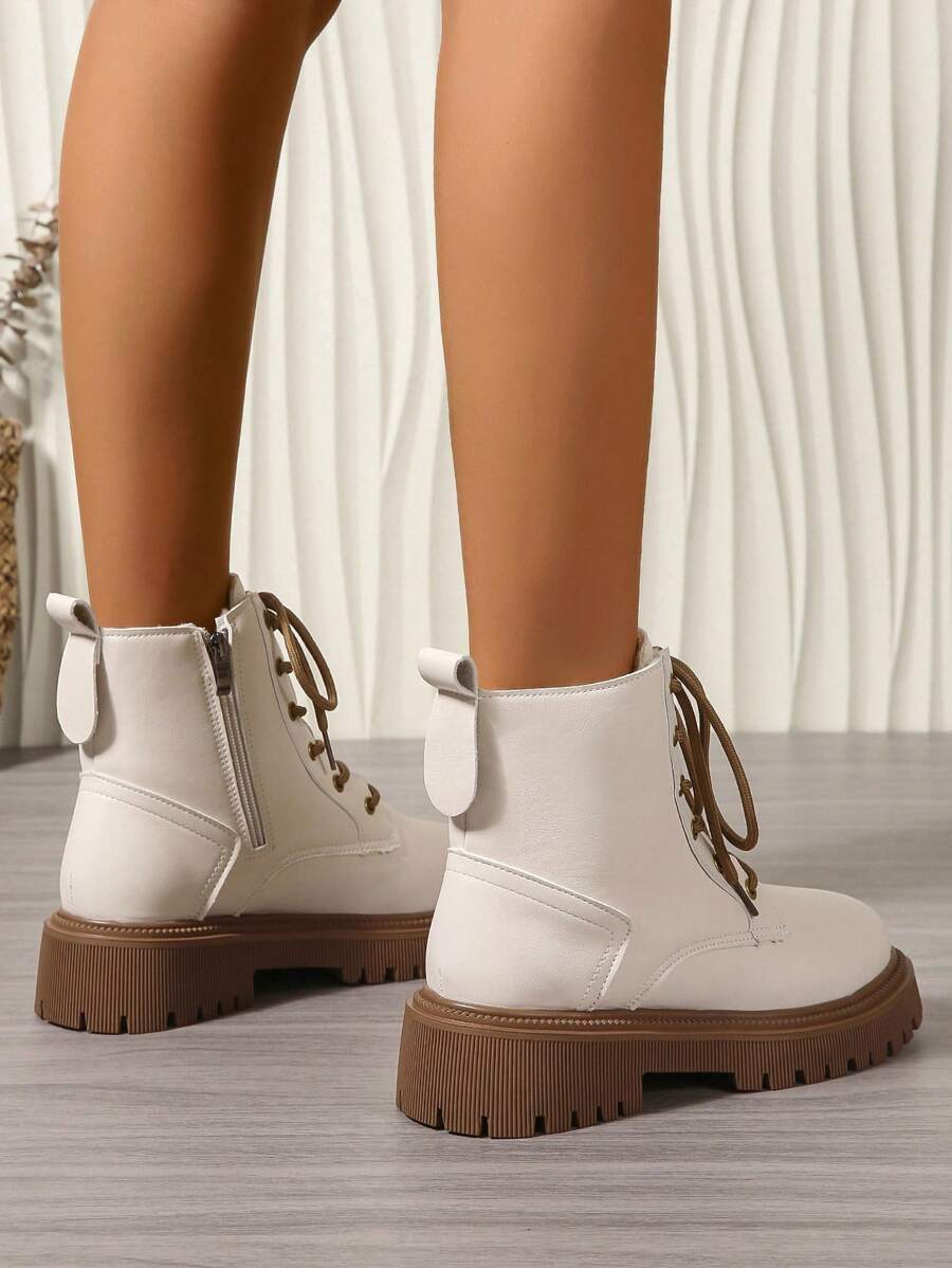 Women's Combat Boots Lace Up Ankle Boots Side Zipper - White 3 - photo 6
