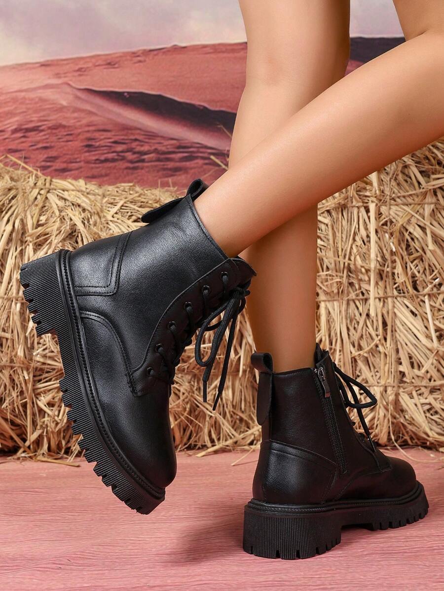 Women's Combat Boots Lace Up Ankle Boots Side Zipper - Black 3 - photo 3