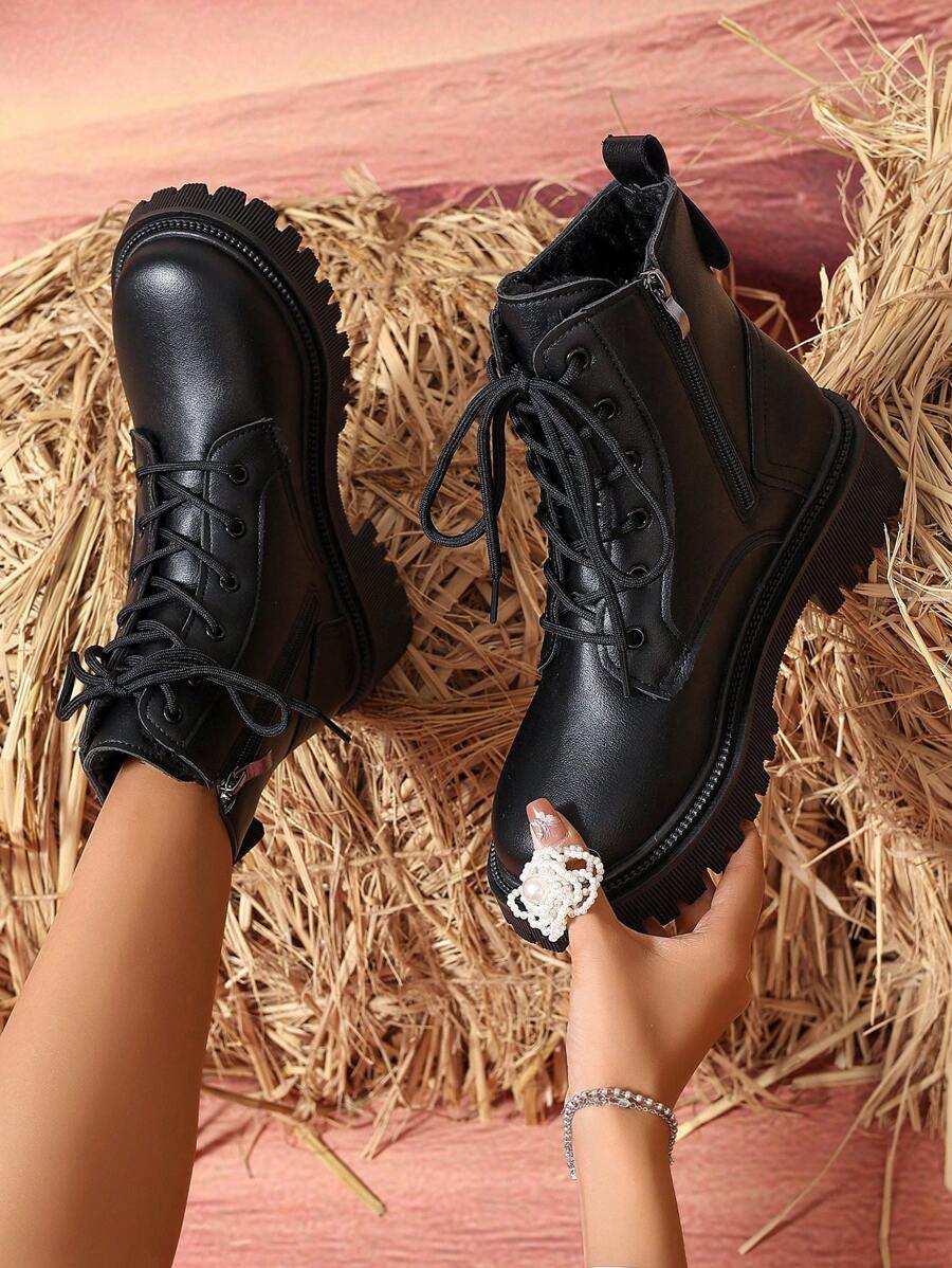Women's Combat Boots Lace Up Ankle Boots Side Zipper - Black 3