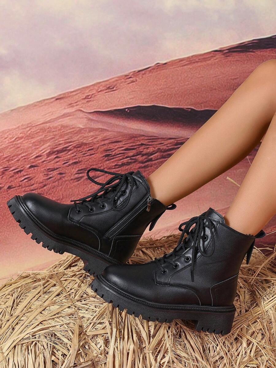 Women's Combat Boots Lace Up Ankle Boots Side Zipper - Black 3 - photo 6
