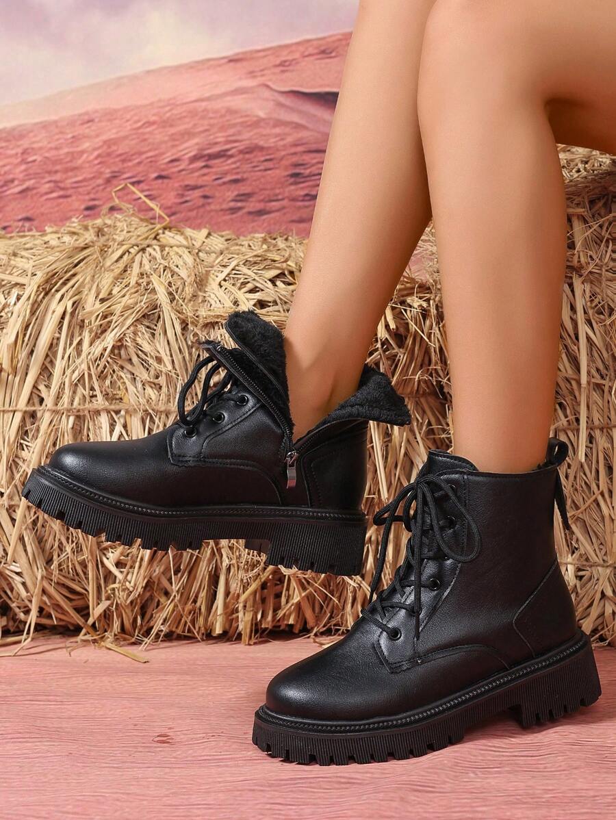 Women's Combat Boots Lace Up Ankle Boots Side Zipper - Black 3 - photo 2