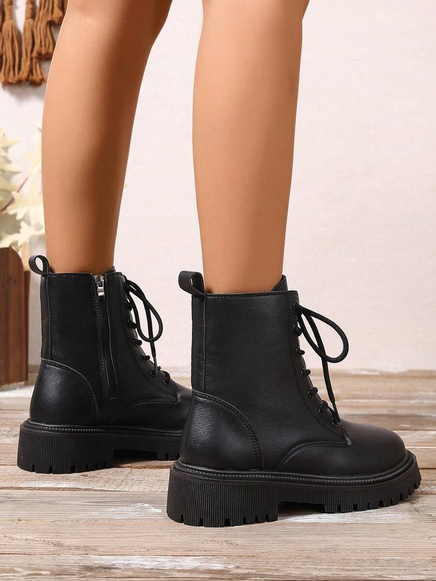 Women's Combat Boots Lace Up Ankle Boots Side Zipper - Black 2 - photo 5