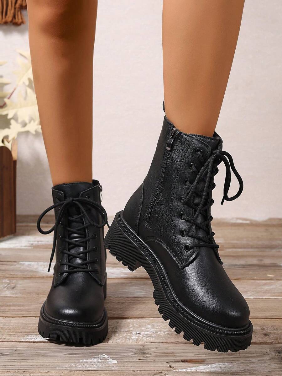 Women's Combat Boots Lace Up Ankle Boots Side Zipper - Black 2