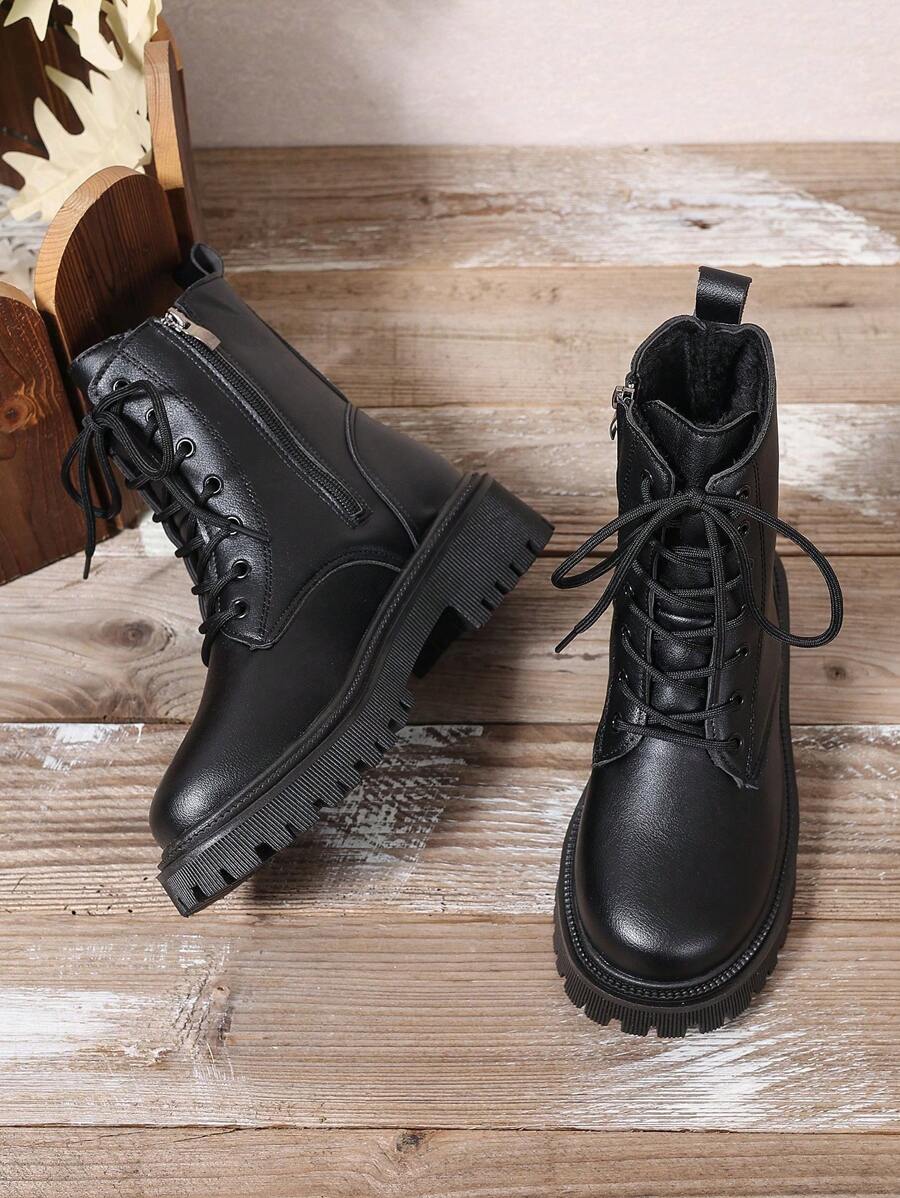 Women's Combat Boots Lace Up Ankle Boots Side Zipper - Black 2 - photo 7