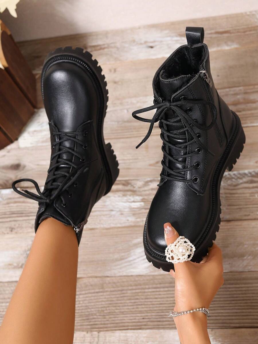 Women's Combat Boots Lace Up Ankle Boots Side Zipper - Black 2 - photo 2