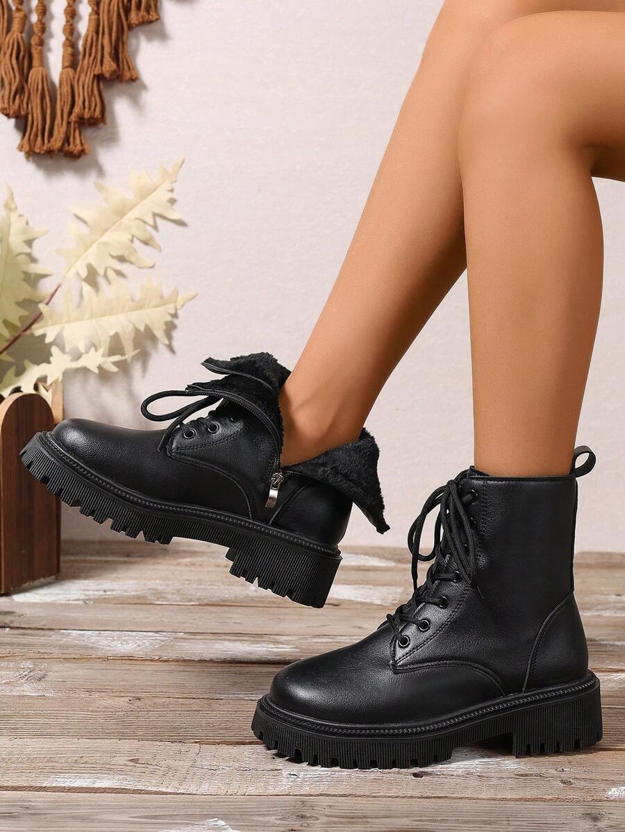 Women's Combat Boots Lace Up Ankle Boots Side Zipper - Black 2 - photo 3