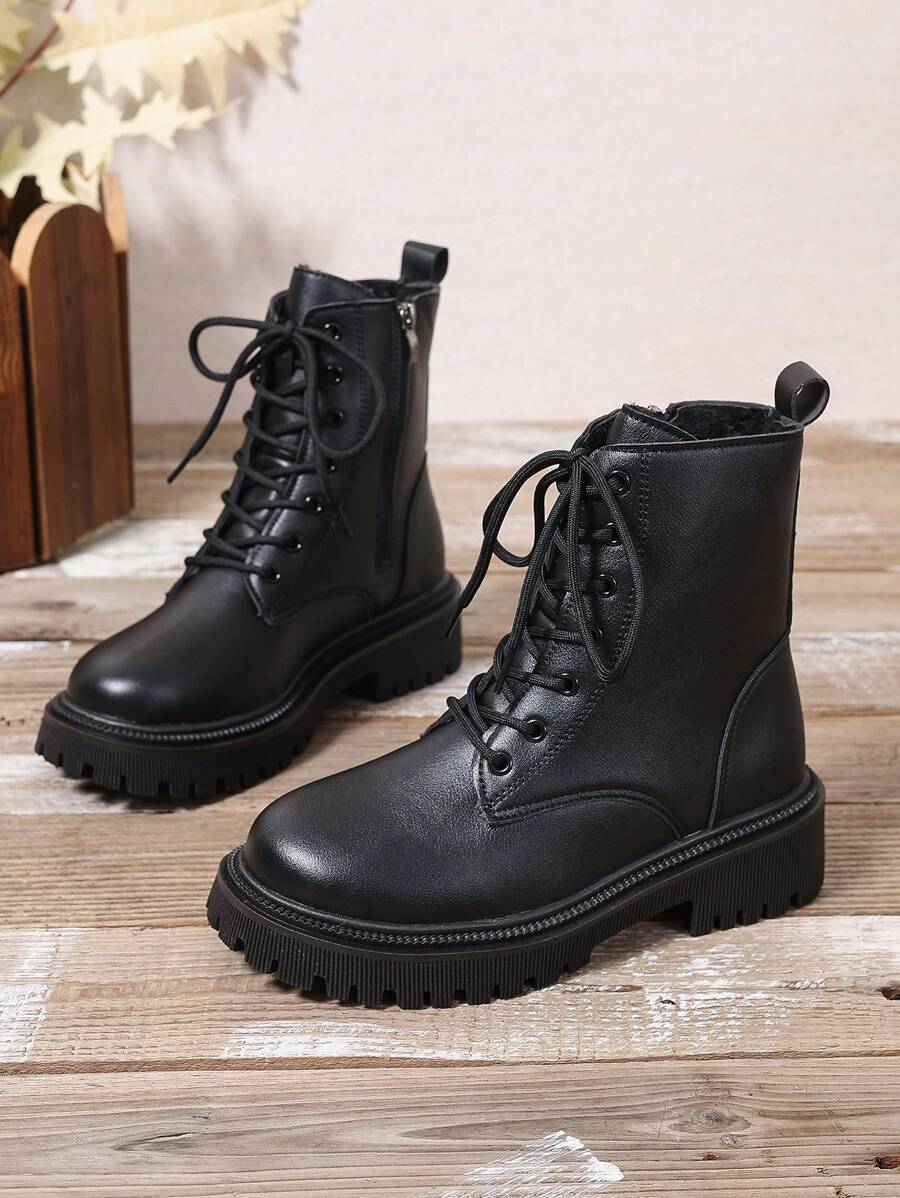 Women's Combat Boots Lace Up Ankle Boots Side Zipper - Black 2 - photo 6