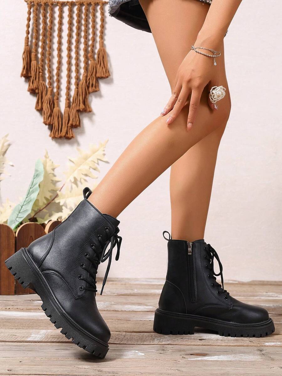 Women's Combat Boots Lace Up Ankle Boots Side Zipper - Black 2 - photo 4