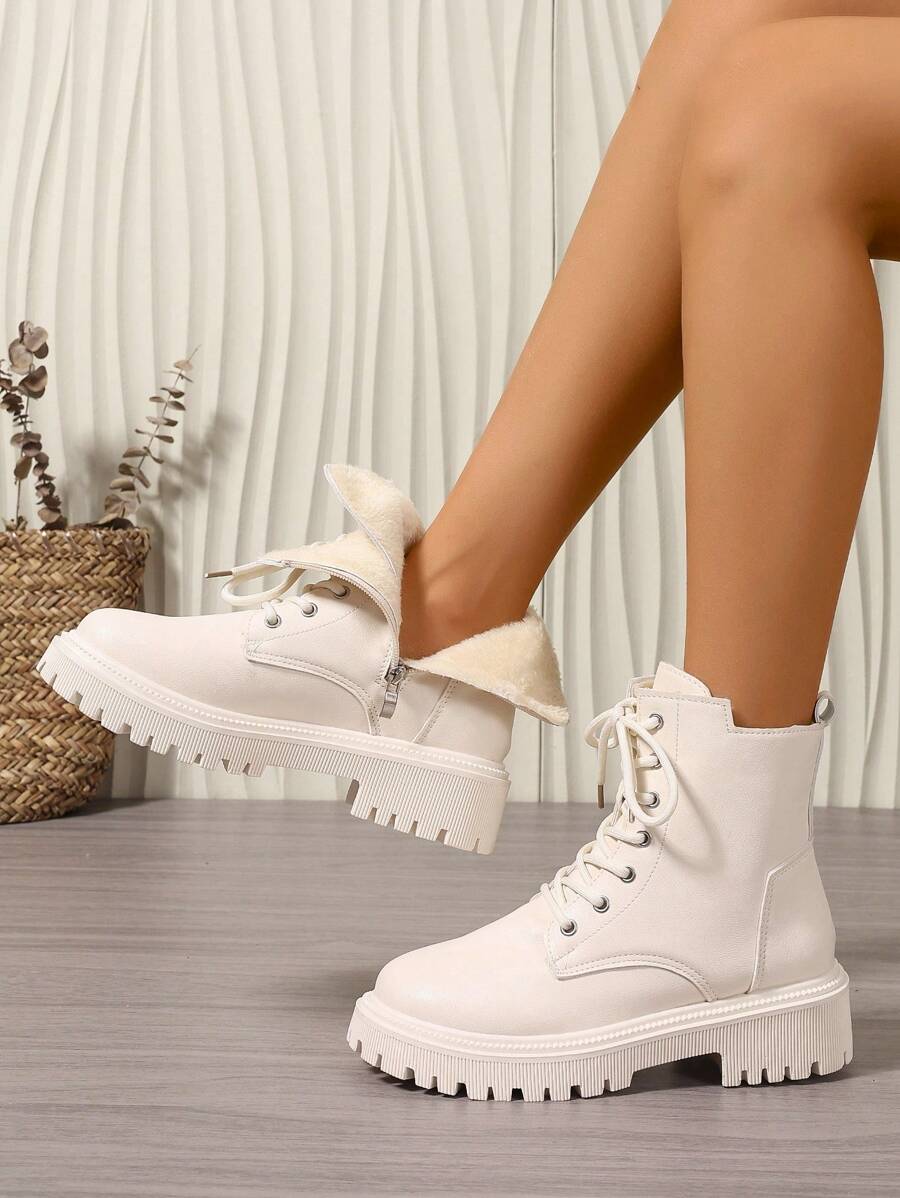 Women's Combat Boots Lace Up Ankle Boots Side Zipper - White - photo 2