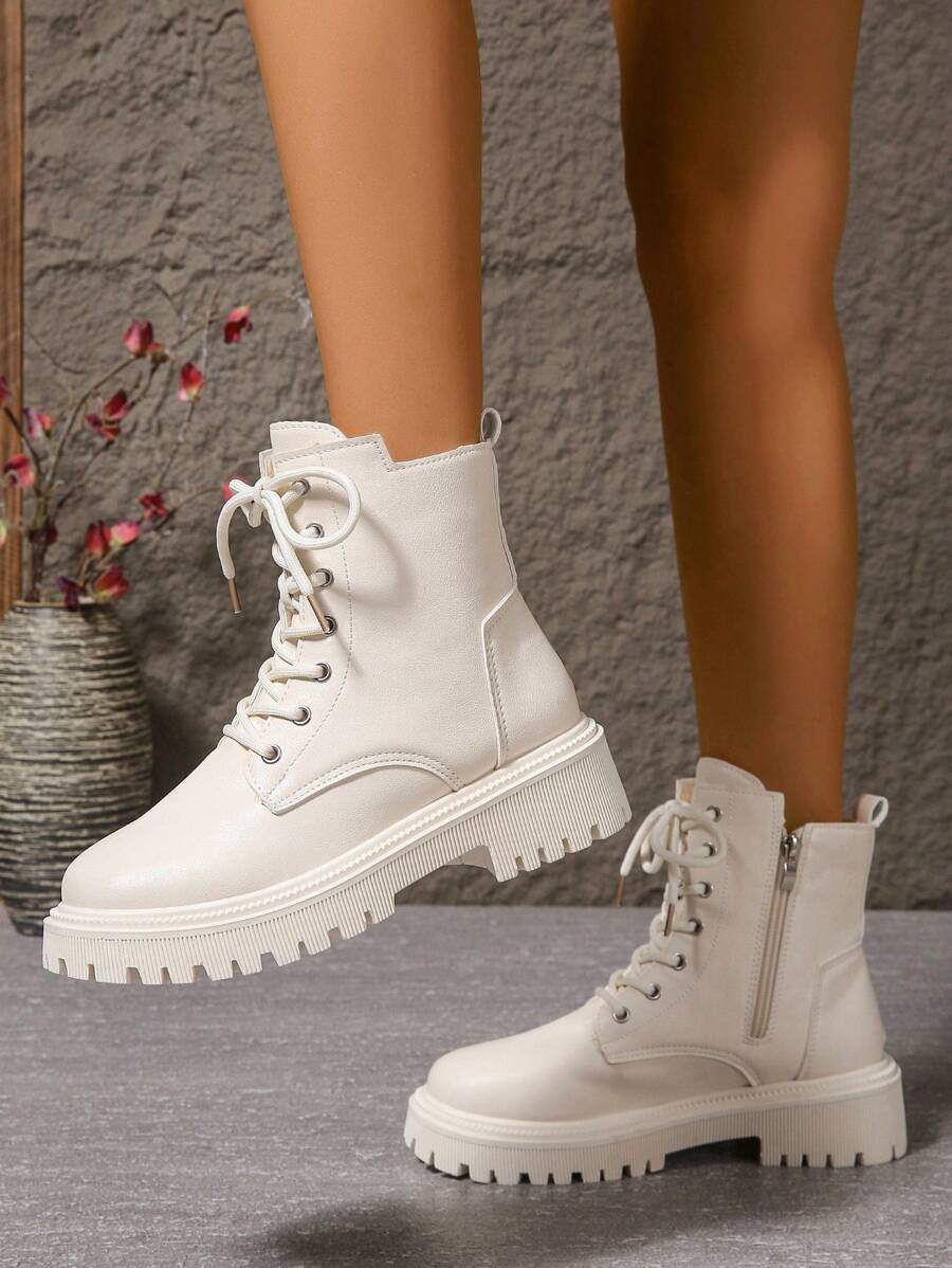 Women's Combat Boots Lace Up Ankle Boots Side Zipper - White - photo 7