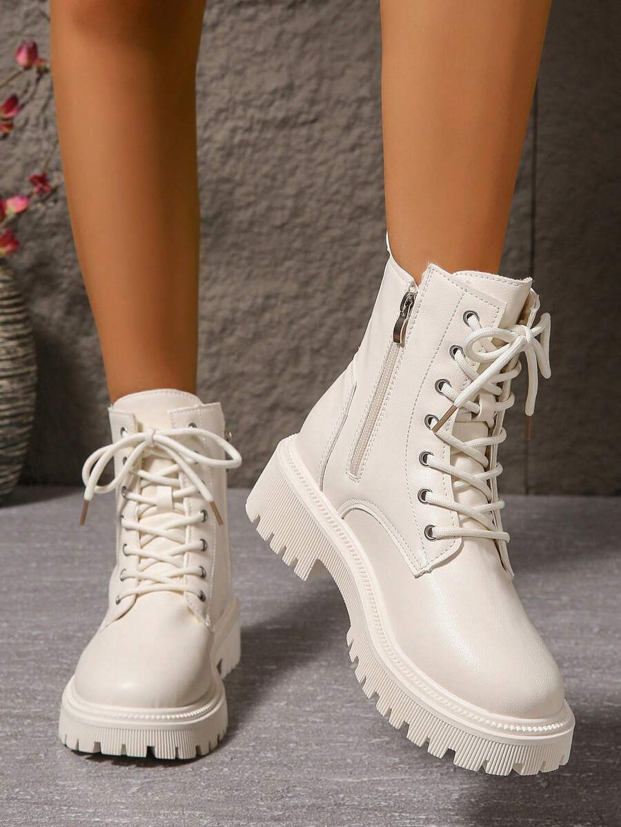 Women's Combat Boots Lace Up Ankle Boots Side Zipper - White - photo 8