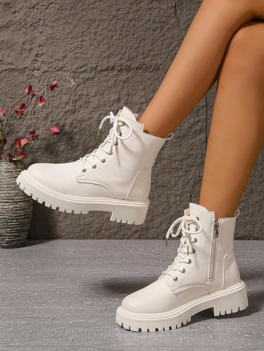Women's Combat Boots Lace Up Ankle Boots Side Zipper - White - photo 9