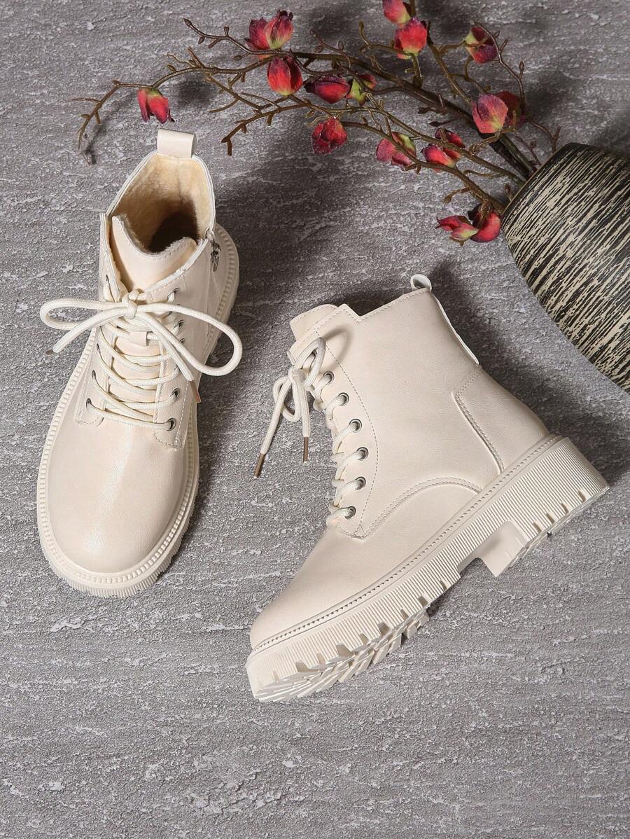 Women's Combat Boots Lace Up Ankle Boots Side Zipper - White - photo 10