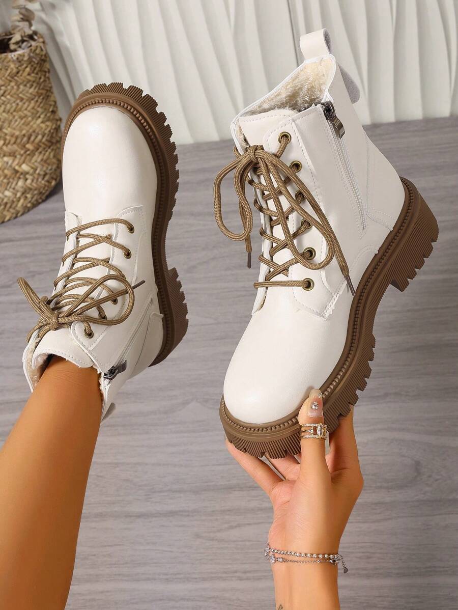 Women's Combat Boots Lace Up Ankle Boots Side Zipper - White 3