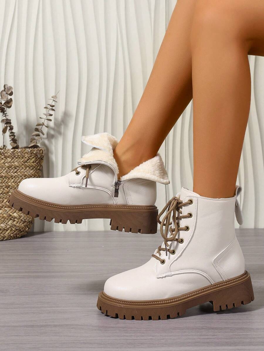 Women's Combat Boots Lace Up Ankle Boots Side Zipper - White 3 - photo 3