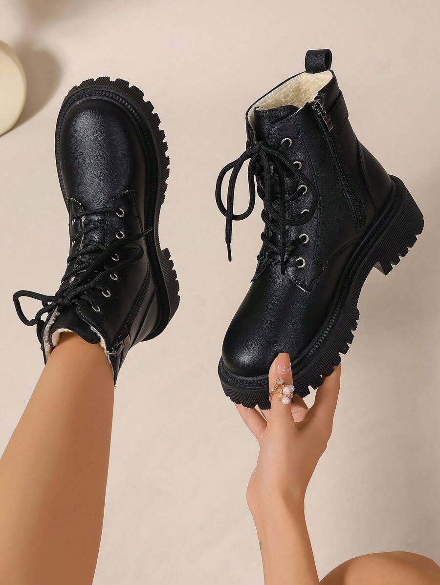 Women's Combat Boots Lace Up Ankle Boots Side Zipper - Black 4