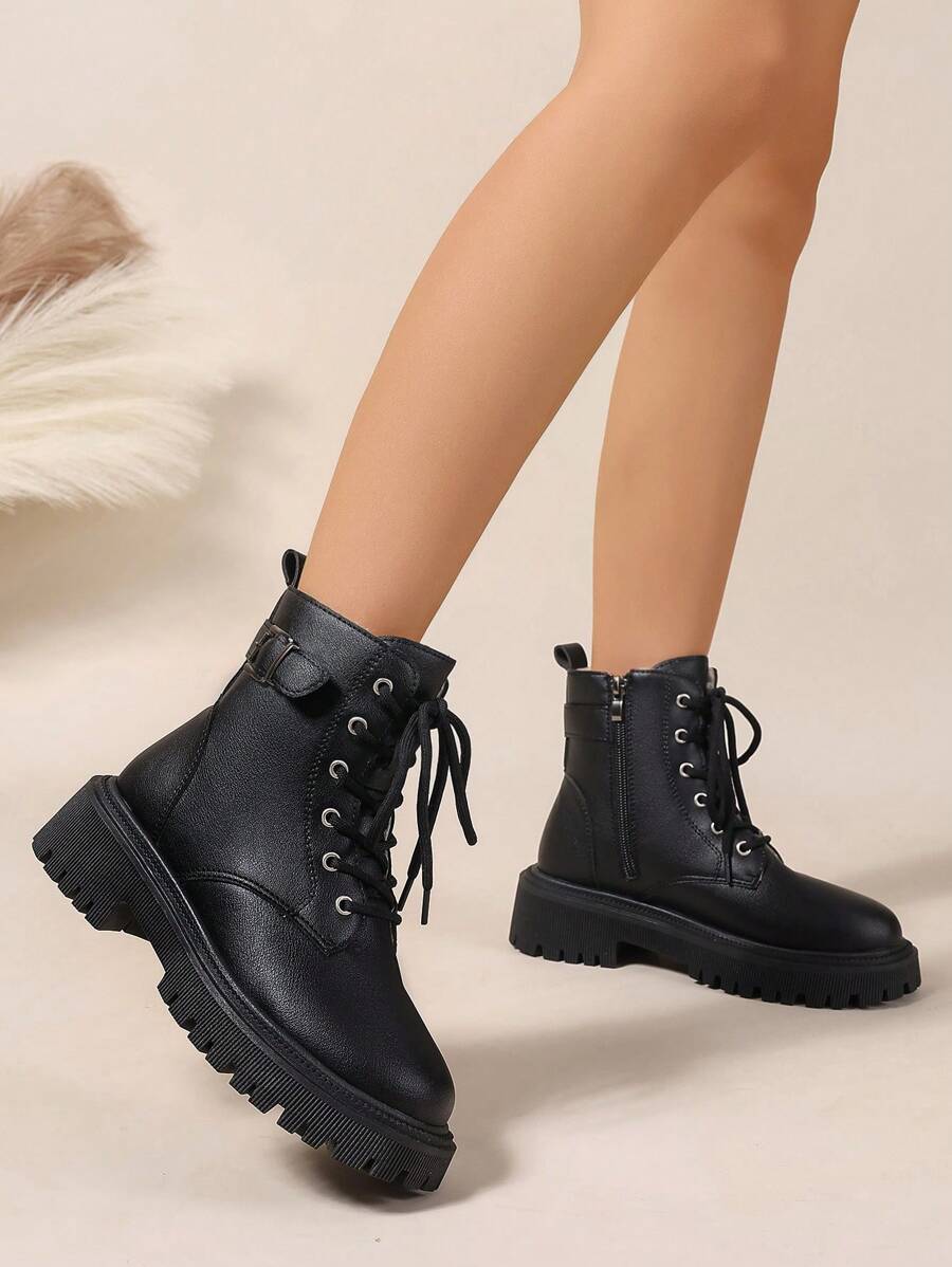 Women's Combat Boots Lace Up Ankle Boots Side Zipper - Black 4 - photo 7