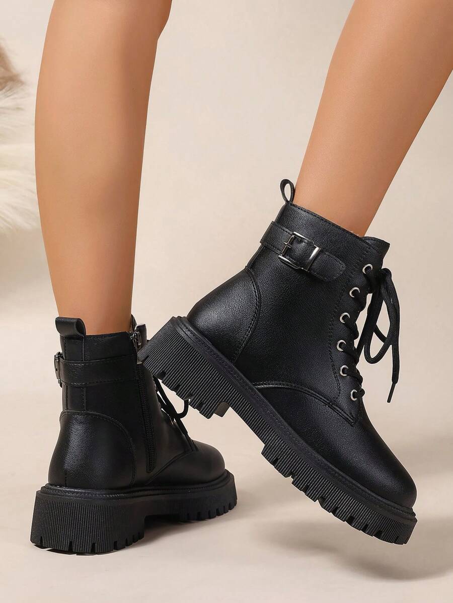 Women's Combat Boots Lace Up Ankle Boots Side Zipper - Black 4 - photo 3
