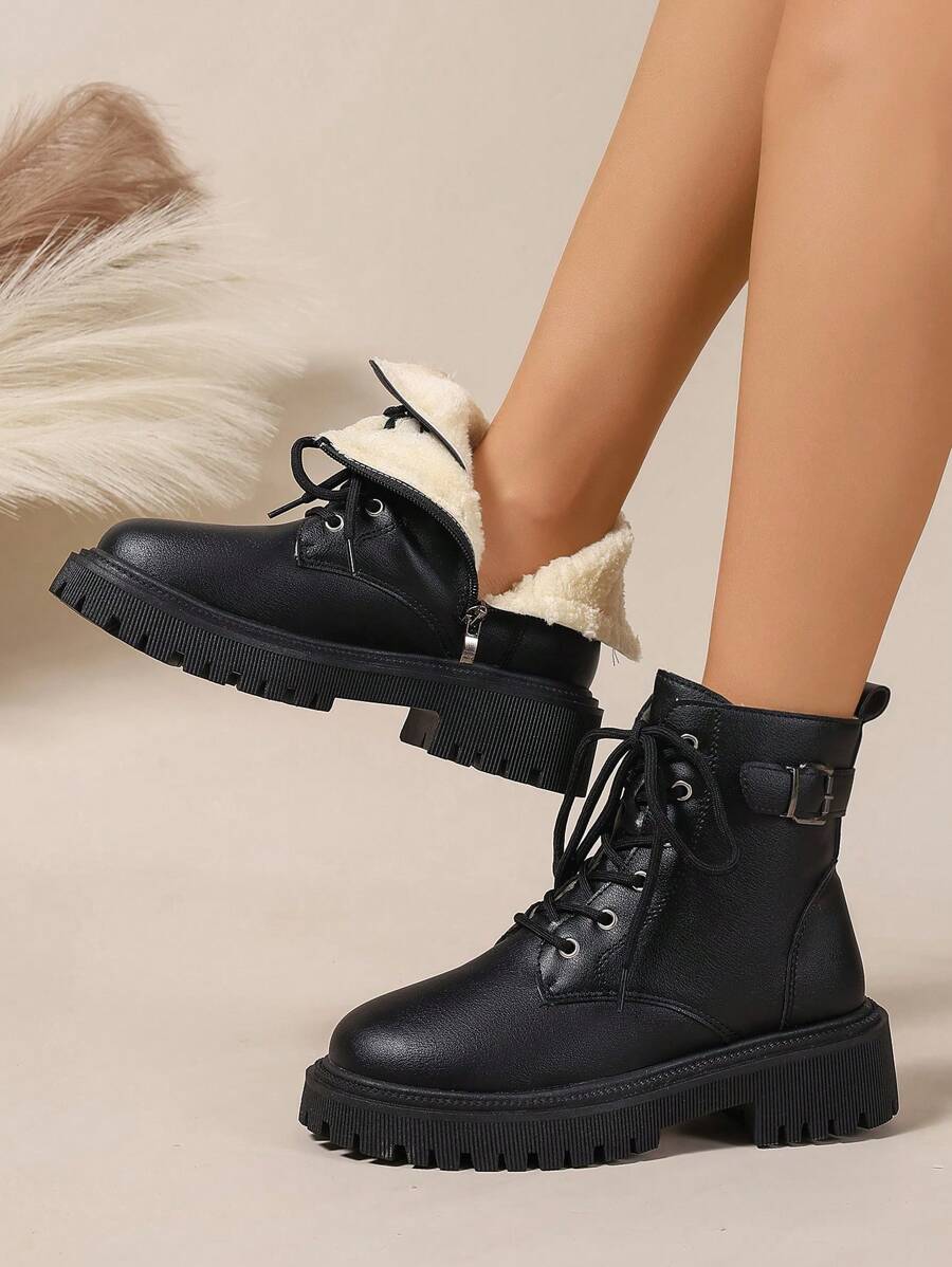 Women's Combat Boots Lace Up Ankle Boots Side Zipper - Black 4 - photo 5