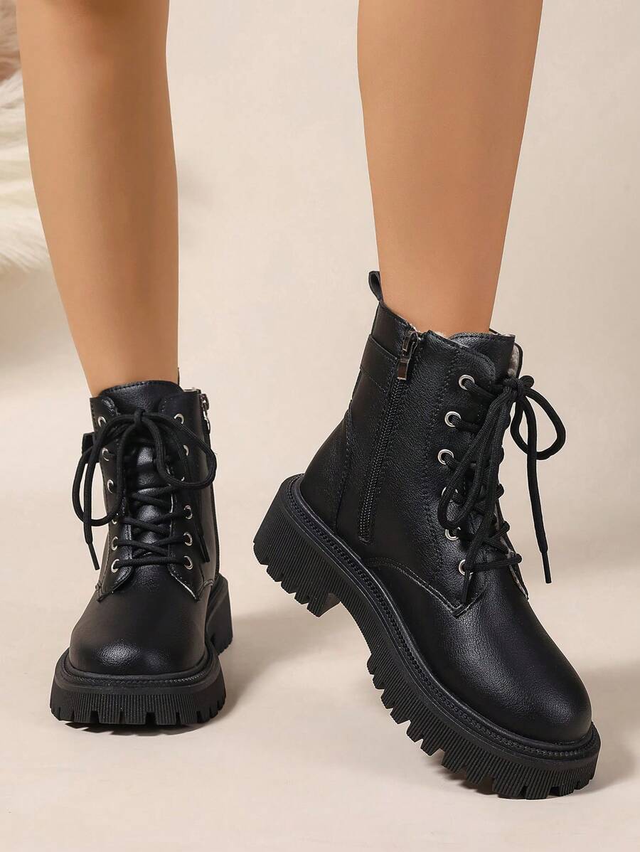 Women's Combat Boots Lace Up Ankle Boots Side Zipper - Black 4 - photo 6